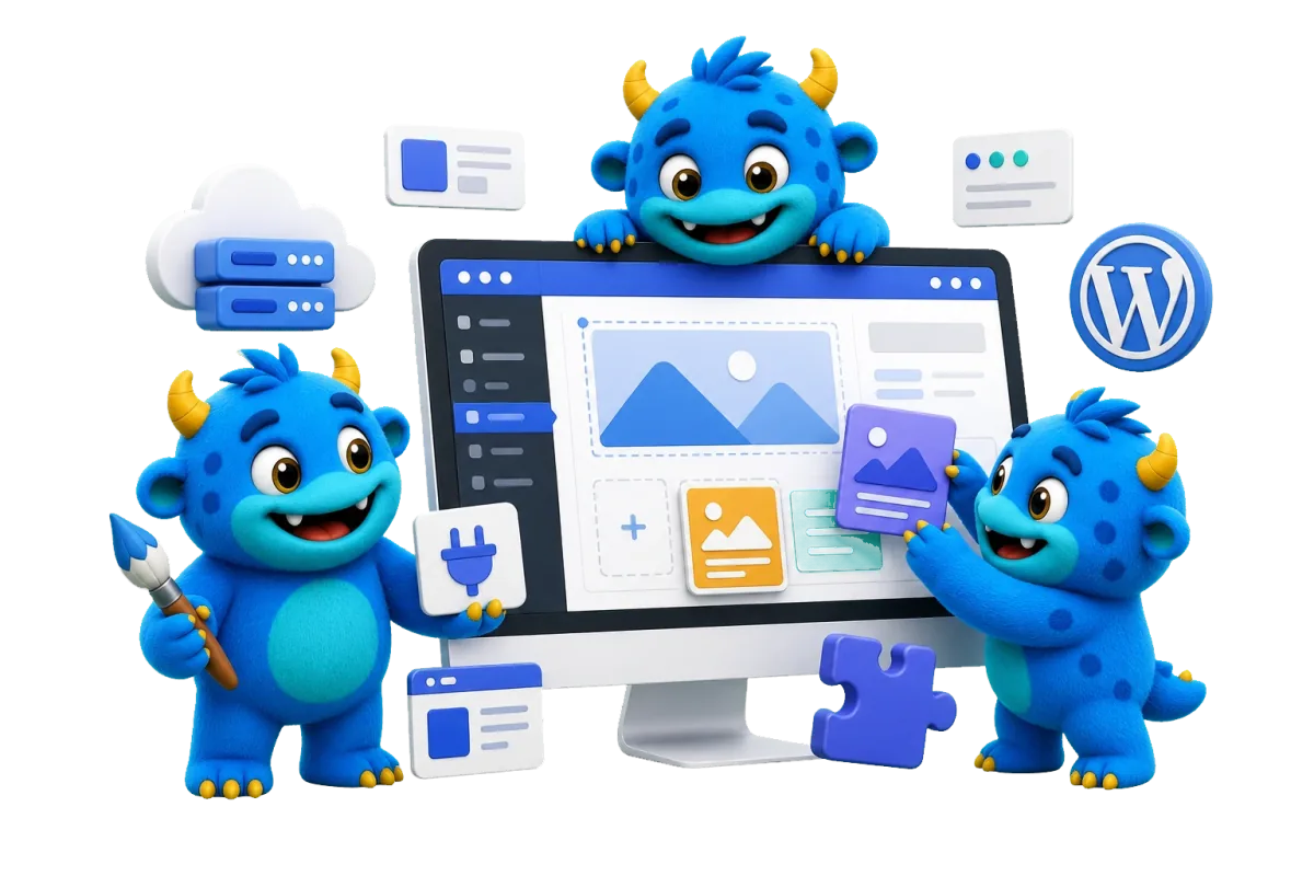 Маскоты Bastify рядом с редактором WordPress